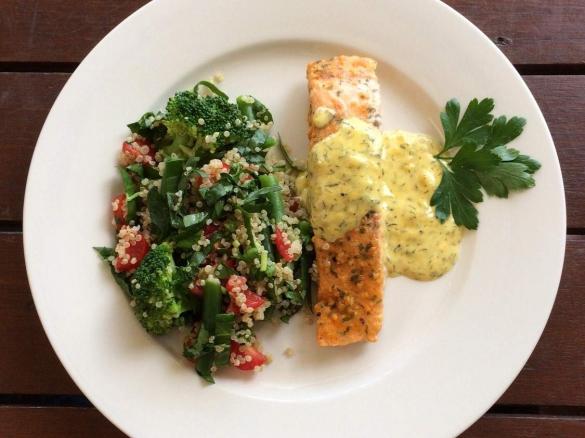Warm Quinoa Salad & Salmon with Dill Sauce