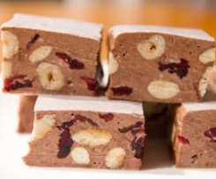 Choc-hazelnut and sour cherry nougat