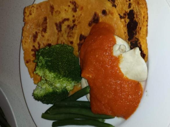 Waitangi Day Kumara Flatbread with chicken, tomato sauce and vegetables