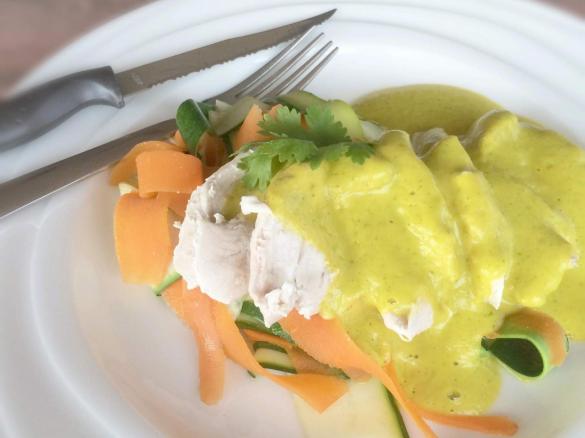 Paleo All In One Two Course Meal - Creamy Pumpkin Soup, Chicken and Vegetables with Spicy Pumpkin Sauce.  