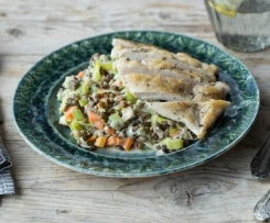 Pan Fried Chicken with Spicy Lentils