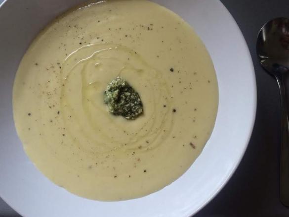 Cauliflower and Cheddar soup with Basil Pesto 