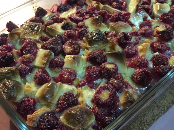 Raspberry, white chocolate and waffle pudding