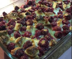 Raspberry, white chocolate and waffle pudding