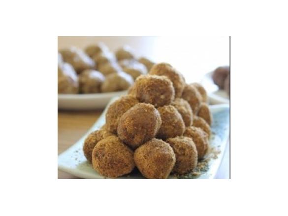Peanut Caramel Bliss Balls with Cinnamon Coconut Crumb
