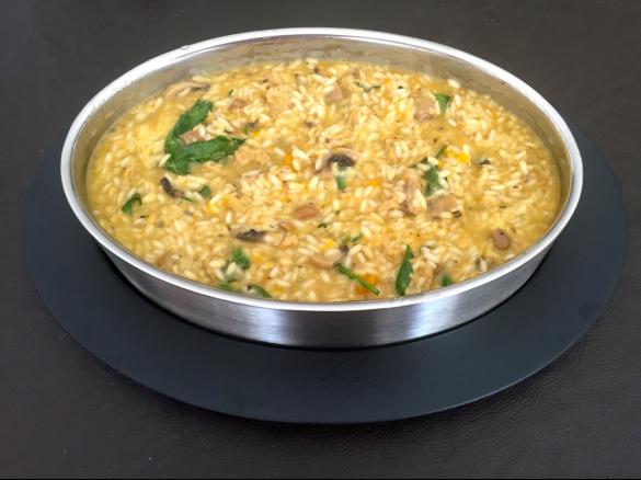 Mock Chicken, Mushroom, Roast Pumpkin and Spinach Risotto