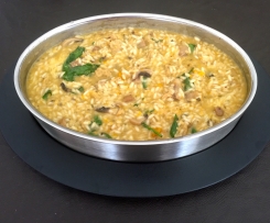 Mock Chicken, Mushroom, Roast Pumpkin and Spinach Risotto