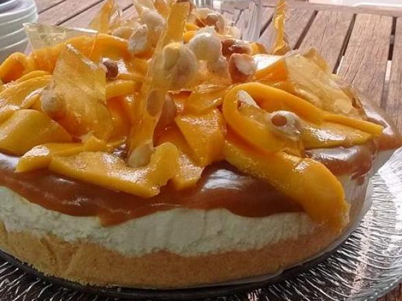 Mango Cheesecake with Butterscotch Sauce and Macadamia Praline