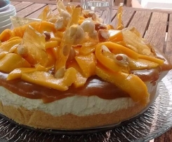 Mango Cheesecake with Butterscotch Sauce and Macadamia Praline