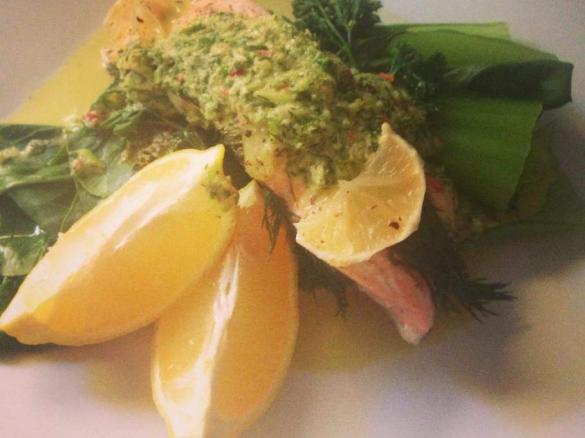 Steamed Salmon & Asian green's with herb dressing. 