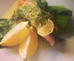 Steamed Salmon & Asian green's with herb dressing. 