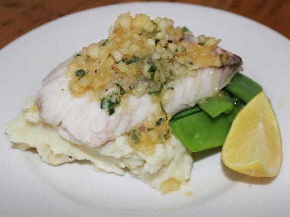 Snapper in Macadamia Butter with Mash & Snowpeas