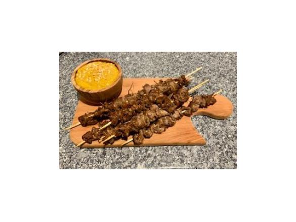 Lemongrass beef skewers with satay sauce