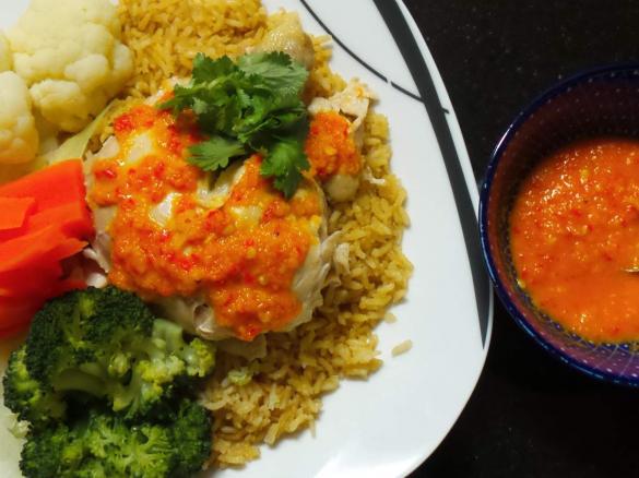 Hunters version of Asian whole steamed chicken, Chicken rice, veggies and Ginger chilli sauce