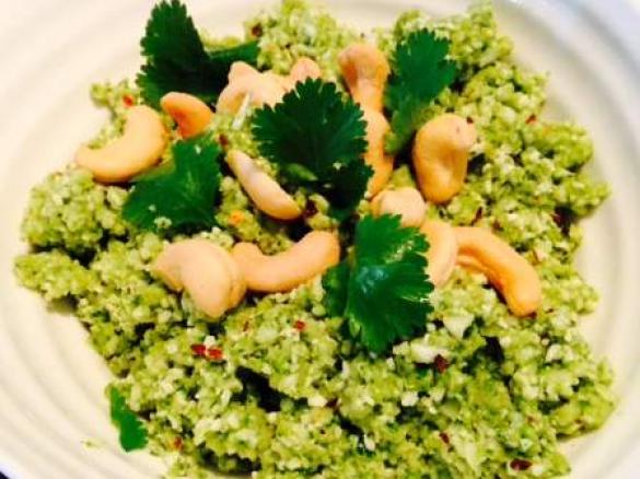 Raw cauliflower, chilli, coriander and cashew salad