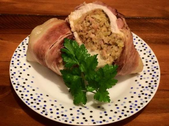Stuffed Chicken Breast rolled in bacon with mash and veg - all in one meal