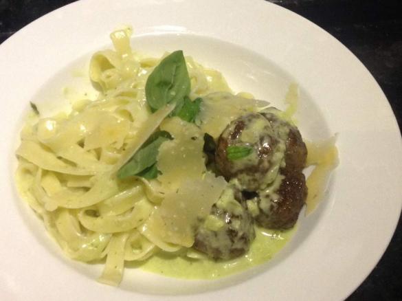 Meat Ball fettuccine with a creamy pesto sauce 