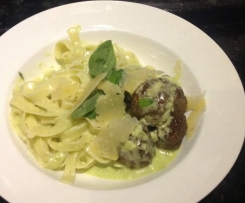 Meat Ball fettuccine with a creamy pesto sauce 
