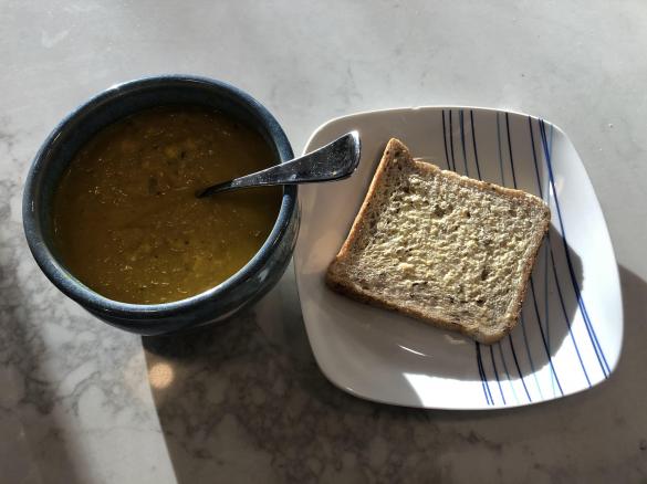 Roast Pumpkin, Garlic & Corn soup with Caramelised Onion