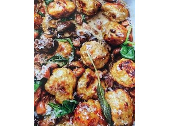 Pork and Fennel Meatballs with Creamy Mushrooms, Sage and Beans