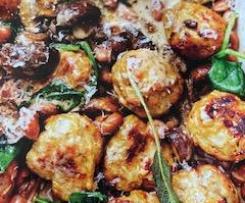 Pork and Fennel Meatballs with Creamy Mushrooms, Sage and Beans