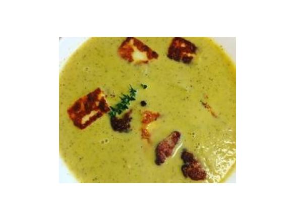 zucchini & chorizo soup with haloumi