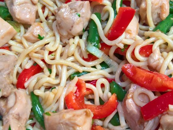 Warm chicken and noodles with ginger and hoisin sauce