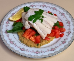 Steamed fish with cumin chickpea puree