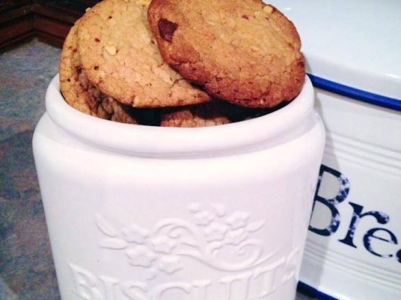 Dark and white choc chip and macadamia nut biscuits