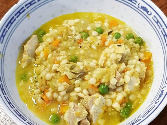 Kath's Chicken, Ginger and Turmeric Soup with Pearl Couscous