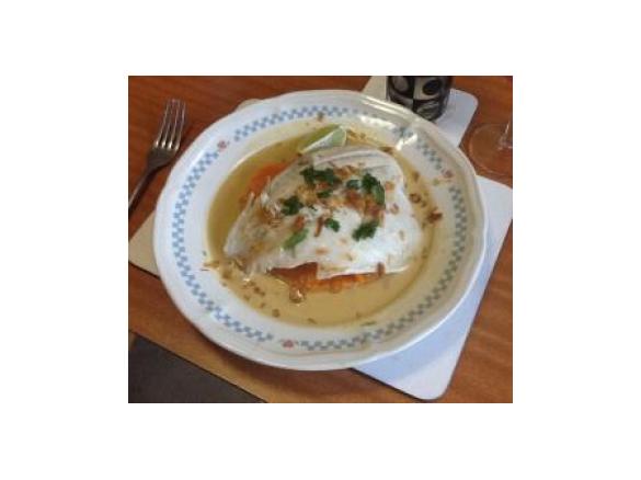 Steamed Barramundi with Thai Coconut Sauce and Ginger Sweet Potato Mash