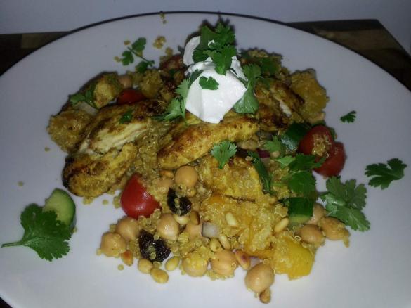 Tikka Chicken with Quinoa Chickpea and pumpkin Salad