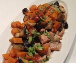 Honey and miso salmon with eggplant and butternut pumpkin