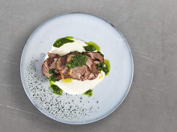 Slow-cooked lamb shoulder with gremolata and turnip and vanilla purée
