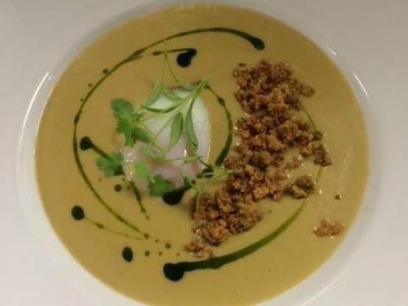 Charred sweet corn soup, hen’s egg, pecorino crumble, coriander