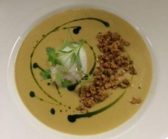 Charred sweet corn soup, hen’s egg, pecorino crumble, coriander