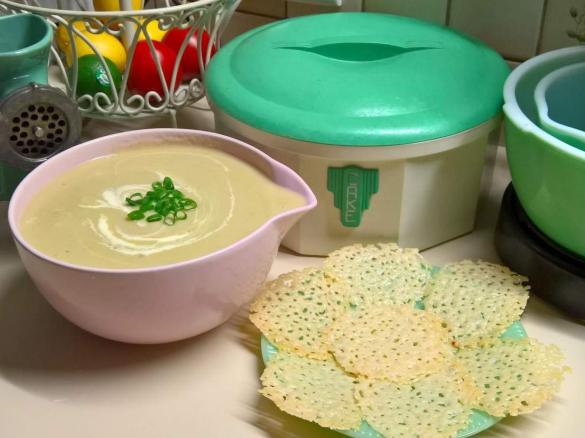 Roast Leek, Garlic and Cannellini Bean Soup and Parmesan Crisps