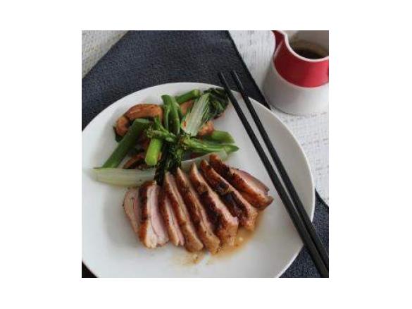 Five spice duck with mushroom and Asian greens