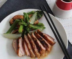 Five spice duck with mushroom and Asian greens