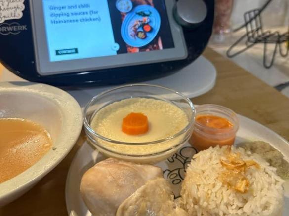 Laviana’s Hainanese Chicken Rice with Chicken Essence Soup, Silky Egg, Ginger & Garlic Dipping Sauce