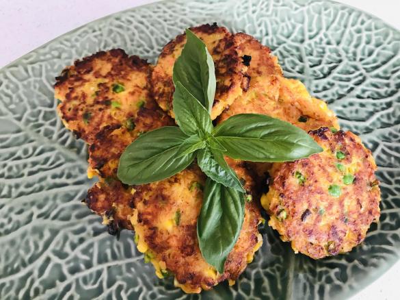 Sweet potato, pea and corn fritters (GF, egg free variations)