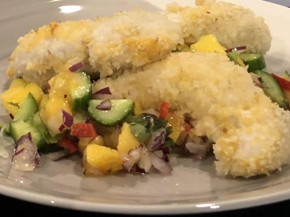 Coconut chicken with mango Salsa