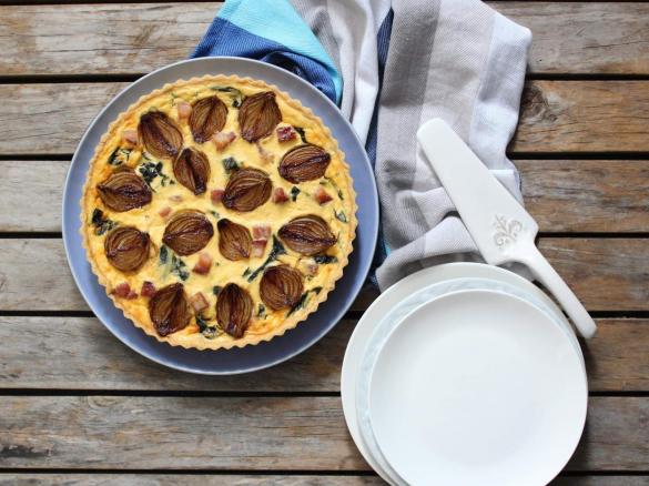 Caramelised onion, speck and cavolo nero tart - Matt Moran