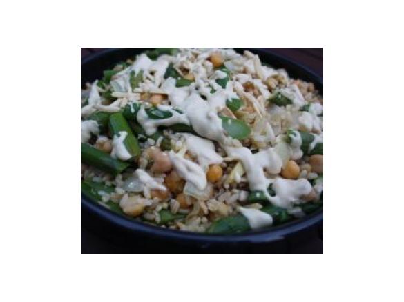 Asparagus, Chickpea and Brown Rice Salad with Tahini dressing