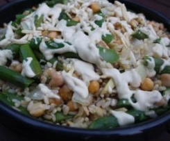 Asparagus, Chickpea and Brown Rice Salad with Tahini dressing