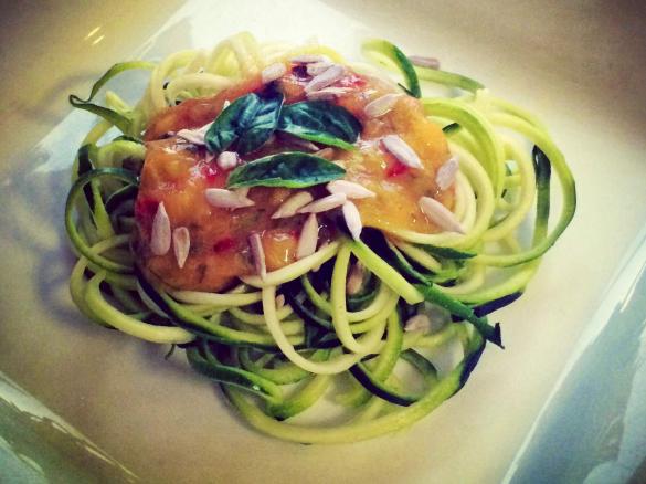 Raw Zucchini noodle salad with chili mango salsa