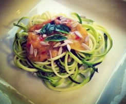 Raw Zucchini noodle salad with chili mango salsa