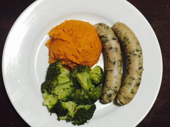 Sausages with Sweet Potato Mash and Steamed Veggies