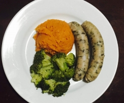 Sausages with Sweet Potato Mash and Steamed Veggies