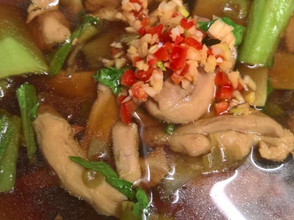 Oriental poached chicken and bok choy soup